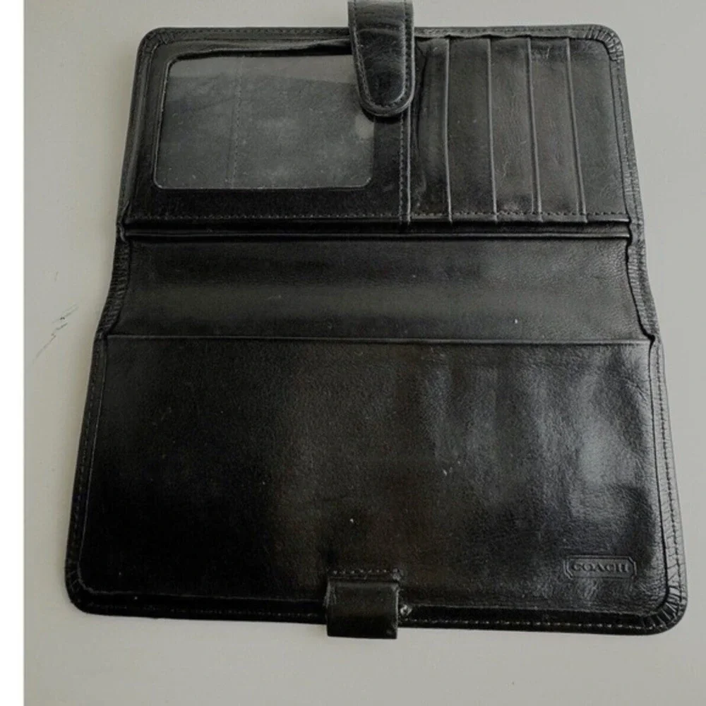Coach Vintage Black Leather Slim Checkbook Wallet Tab Snap‎ Card Holder Chic 47